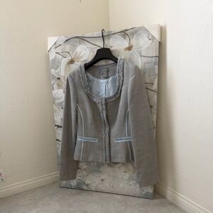 Light Gray Tweed Fringe-Trim Blazer with Pale Blue Accents